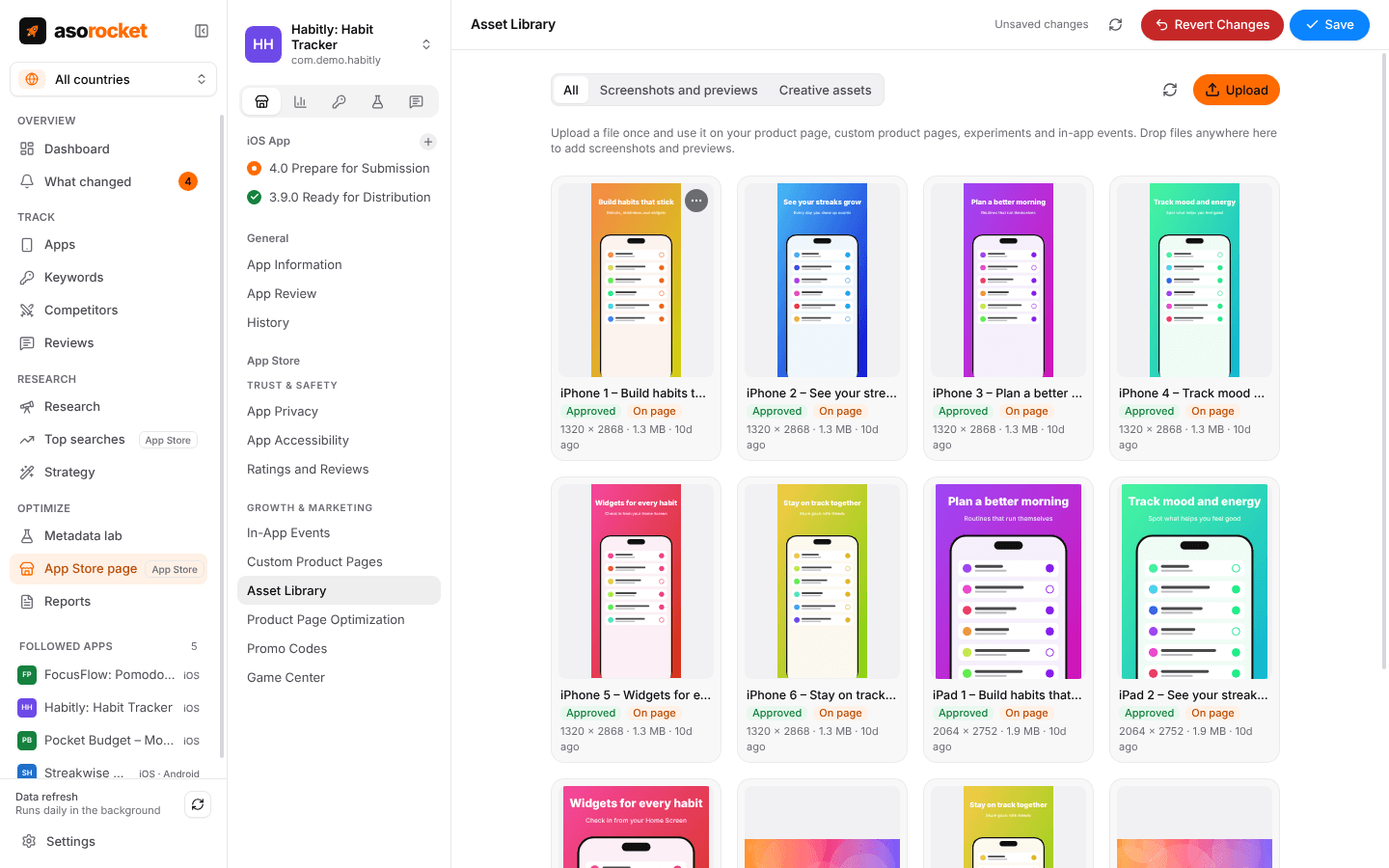 Asset library with uploaded screenshots for iPhone and iPad, each marked Approved and On page, with its size in pixels and megabytes