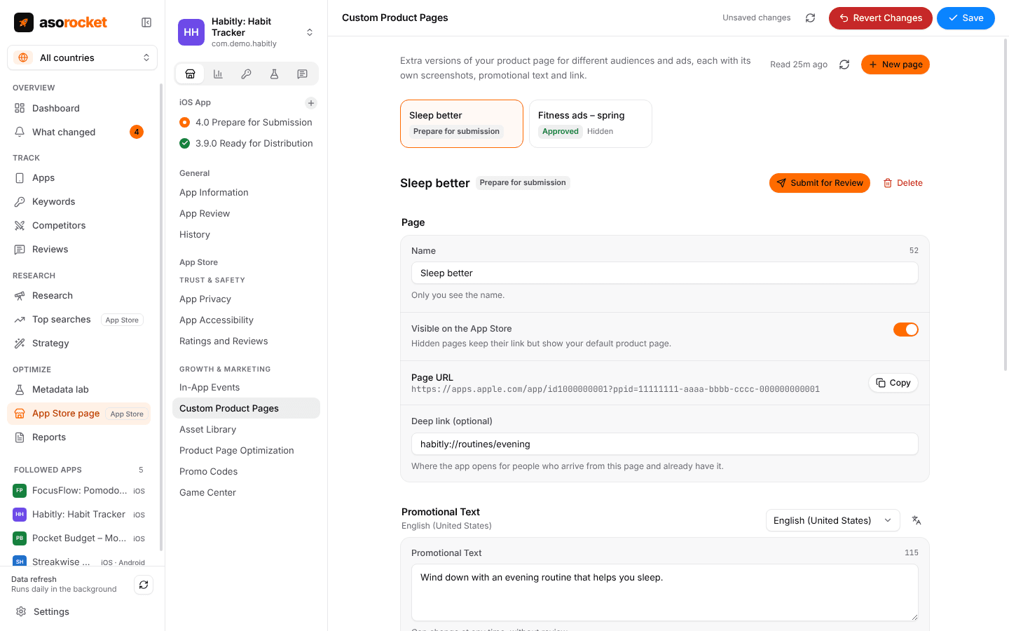Custom product page “Sleep better” with its name, visibility switch, page URL to copy, deep link and promotional text