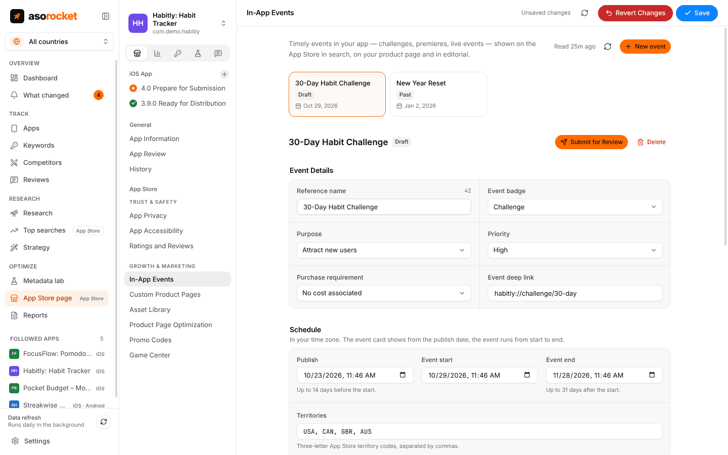 In-app events with a draft 30-Day Habit Challenge: badge, purpose, priority, purchase requirement, deep link, publish and event dates, and territories