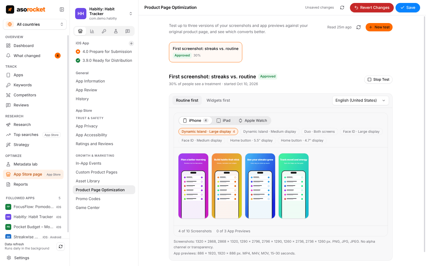 Product page optimization test “First screenshot: streaks vs. routine” shown to 30% of people, with the iPhone screenshots of its Routine first treatment