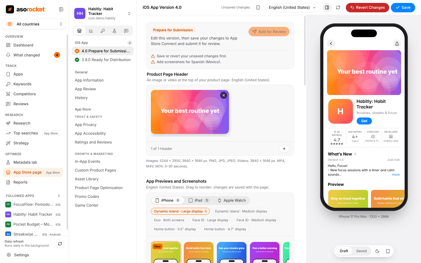 App Store page editor on version 4.0: the product page header, screenshots grouped by iPhone, iPad and Apple Watch, and a live App Store preview of the draft