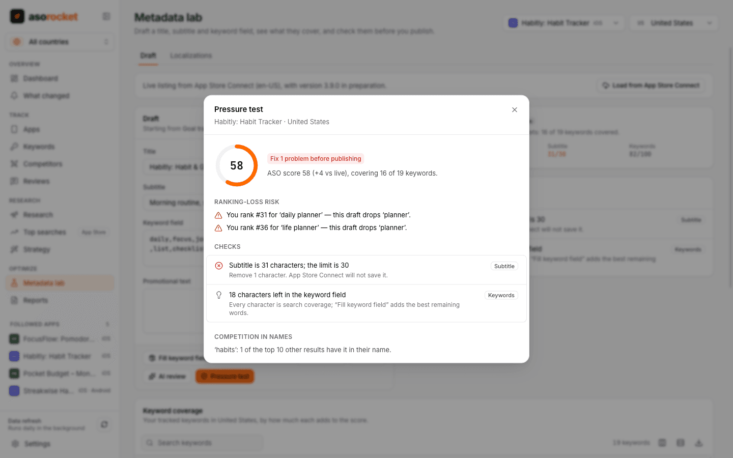 Pressure test report with passed checks, warnings and keywords at risk