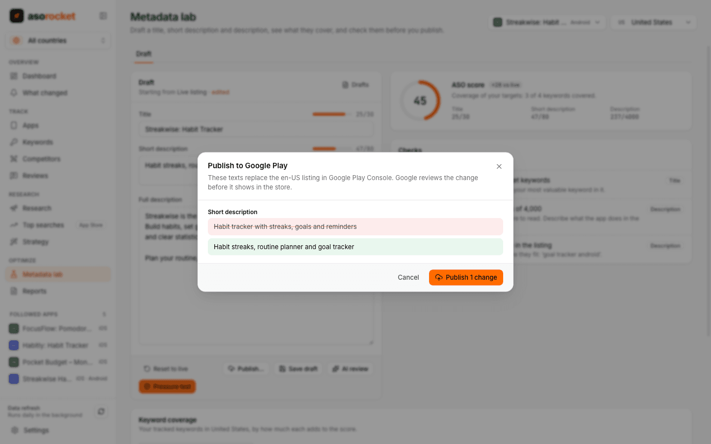 Publish to Google Play review with the current short description struck through above the draft’s new one