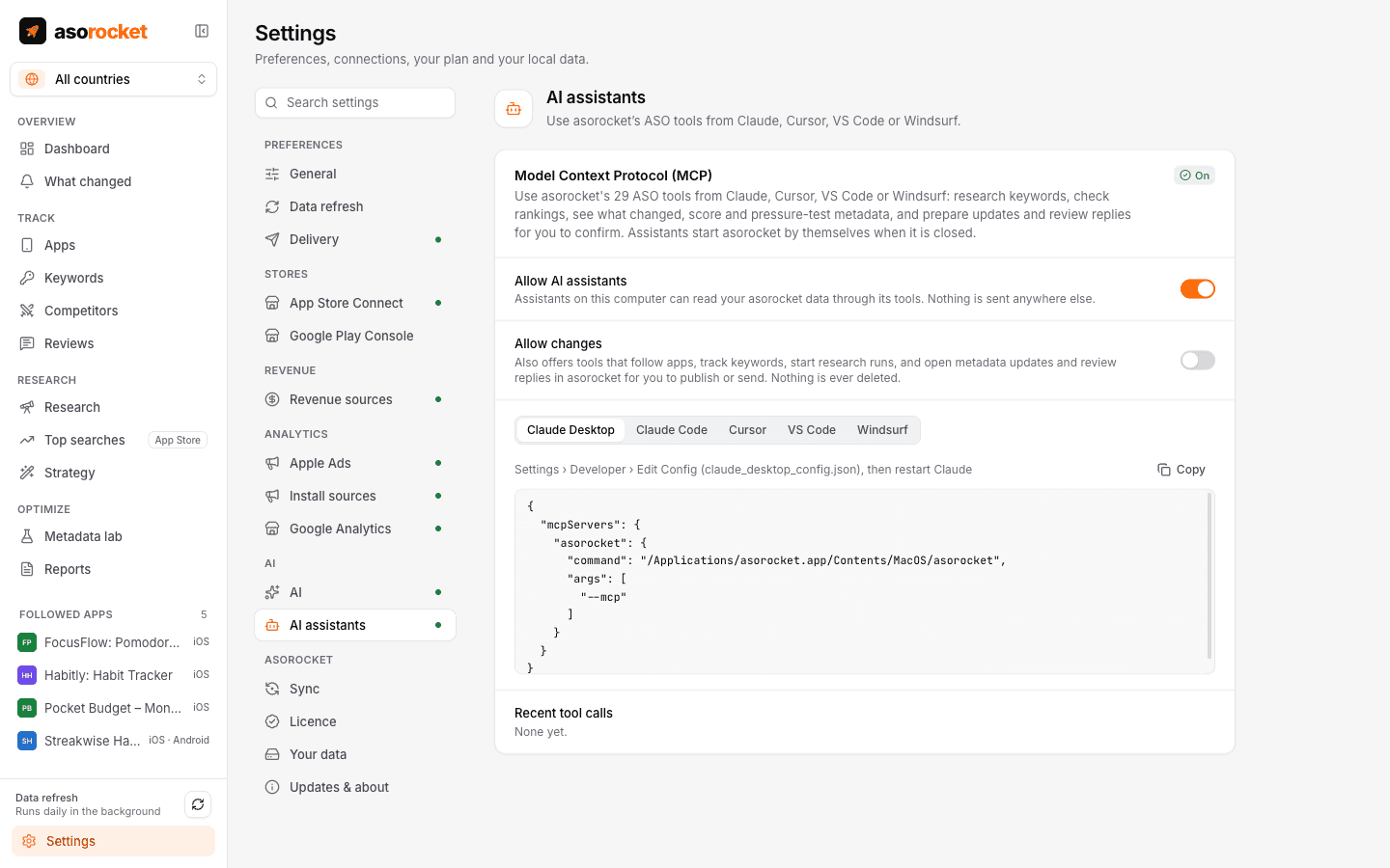 The AI assistants tab in Settings with the configuration to paste into Claude Desktop