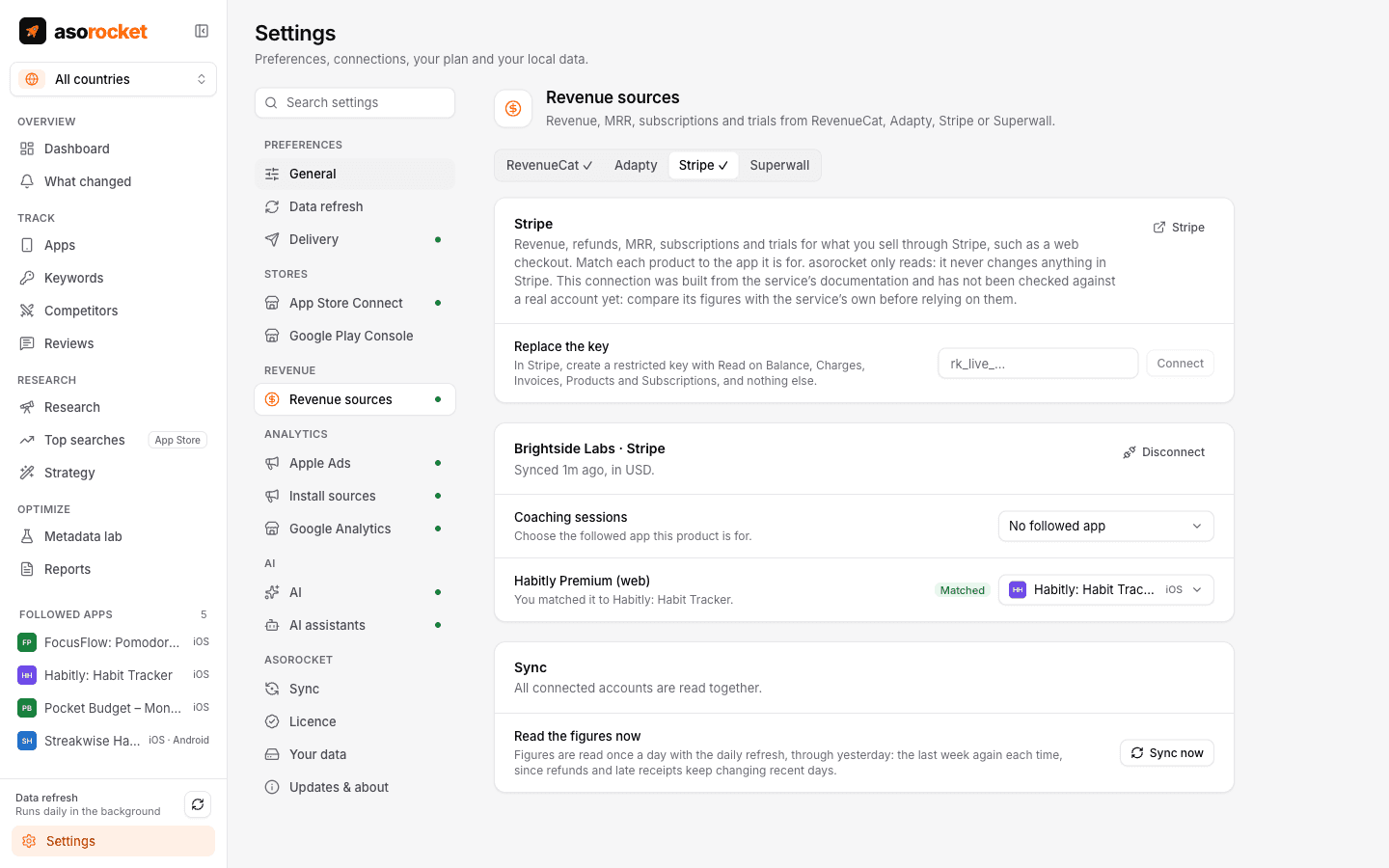 Revenue sources in Settings with a menu for RevenueCat, Adapty, Stripe and Superwall, and a Stripe product matched to a followed app