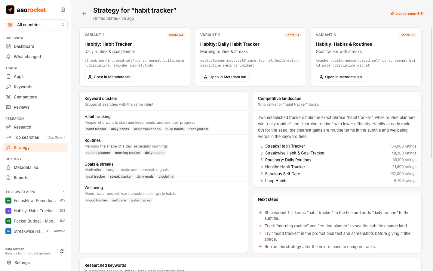 Strategy report with keyword clusters, metadata variants and next steps